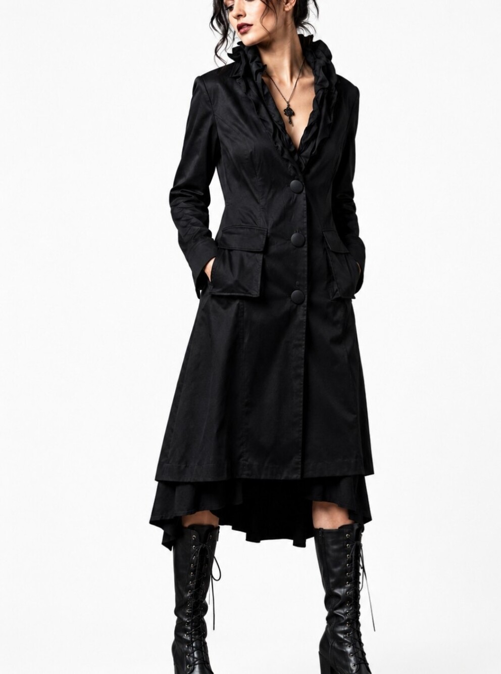 Vintage Joseph Ribkoff Witchy Gothic Ruffle Collar Black Fromt Pockets Large Jkt